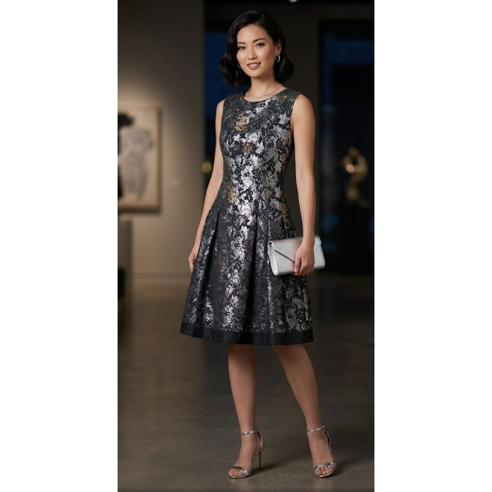 Carmen Marc Valvo Metallic Jacquard Floral Fit and Flare Dress Silver Black 4